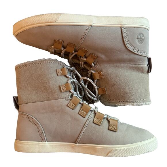 Timberland Gray Suede Dausette Cream Fleece Fold Down Boots Booties 6 cabincore - Picture 6 of 14